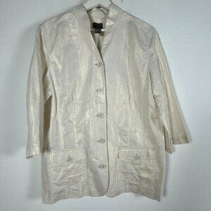 Additions by Chico's Womens Linen Blend Button Front Jacket Sz 2 Ivory Metallic